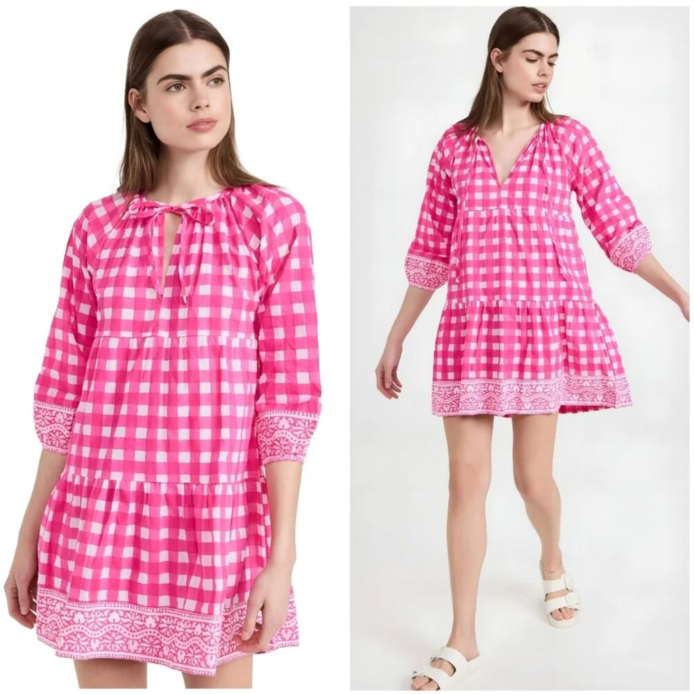 SZ Blockprints Tuckernuck Priya Hot Pink Gingham Check Mini Cotton Dress S